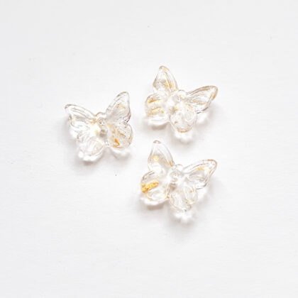 Glassperler, sommerfugler, blank med gull glitter, 4pk