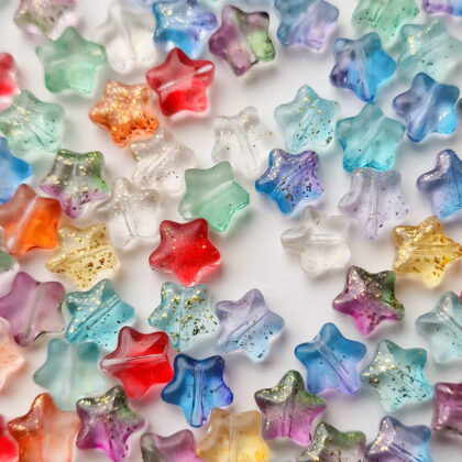 Glassperler, fargerike stjerner med gull-glitter 22pk