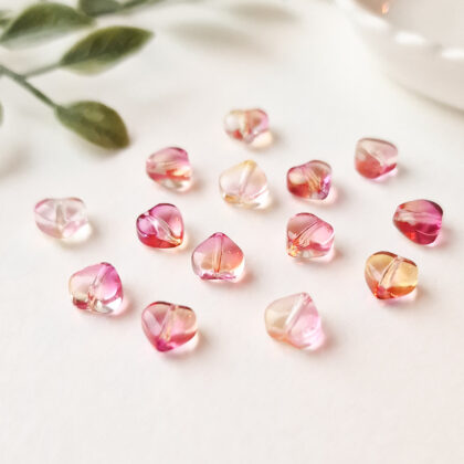 Glassperler, mini hjerter, rosa/oransje, 14 pk