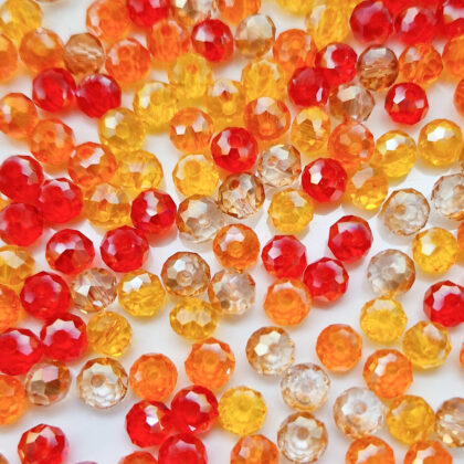 Fasettperler, glass, 6mm, rød og oransje mix