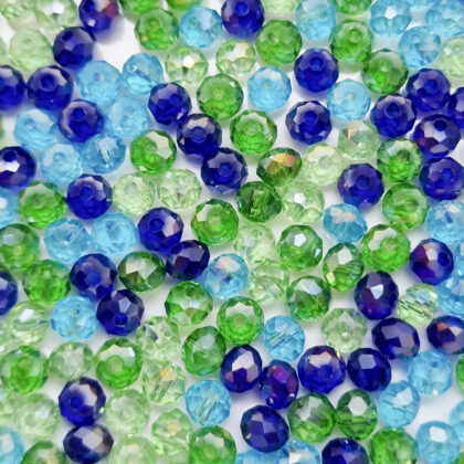 Fasettperler, glass, 6mm, grønn og blå mix