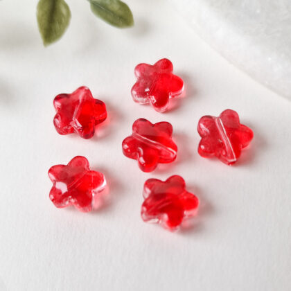 Glassperler, blomster, røde, 6pk